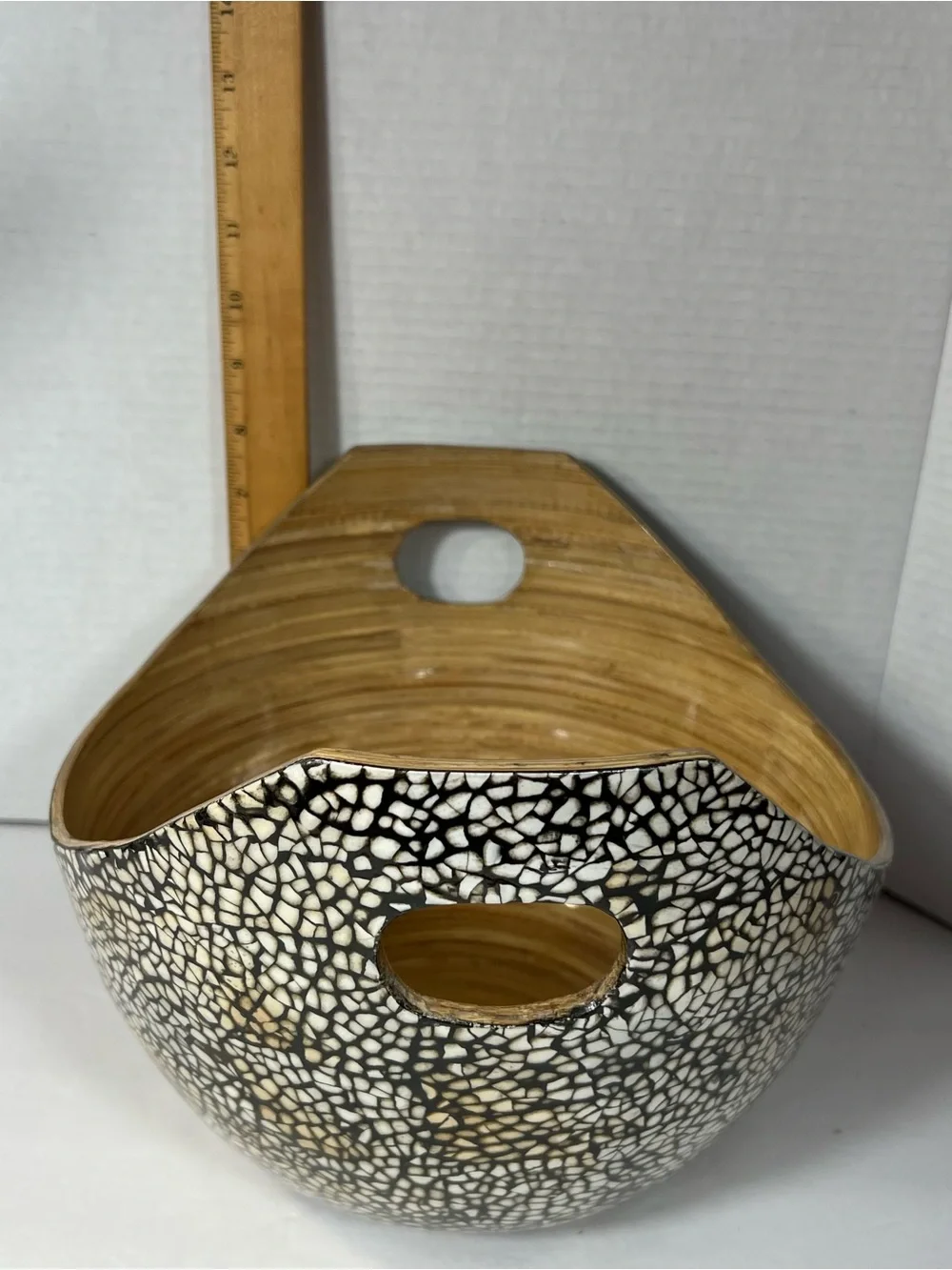 Bamboo Lacquerware Bowl Eggshell Mosaic Black Tan Handled Decorative Bowl 11”